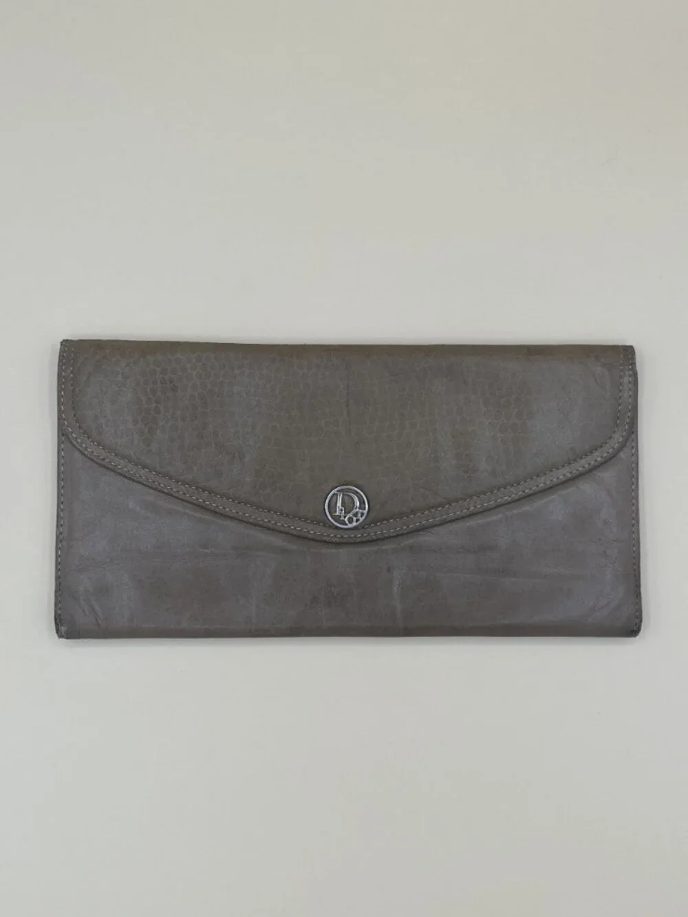 Christian Dior Paris Grey Taupe Leather Long Bifold Wallet CD Charm Silver Hardw